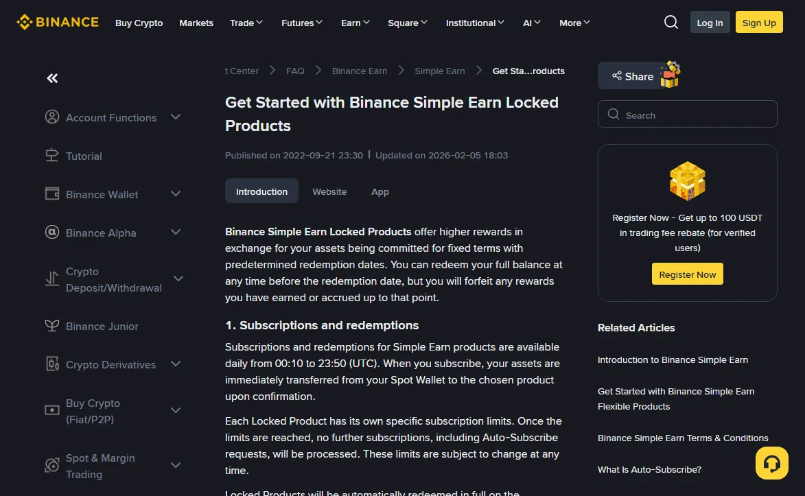 Binance Help Center article Get Started with Binance Simple Earn Locked Products, English version, showing the introduction and section 1, Subscriptions and redemptions, including the 00:10 to 23:50 UTC window and the note that Auto-Subscribe requests are not processed once a product's limit is reached