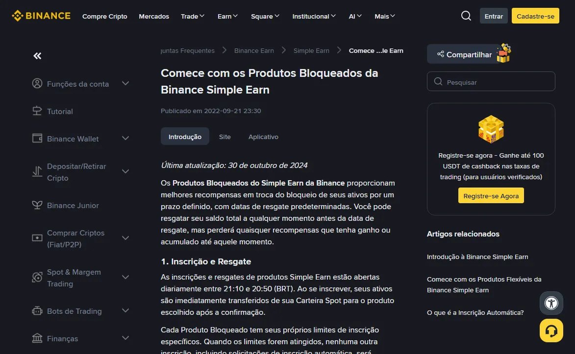 Página da Central de Suporte da Binance em português, Comece com os Produtos Bloqueados da Binance Simple Earn, mostrando a introdução e a seção 1, Inscrição e Resgate, com o horário diário de 21:10 a 20:50 (BRT) e o aviso de que, atingido o limite, nenhuma inscrição é processada, nem as automáticas