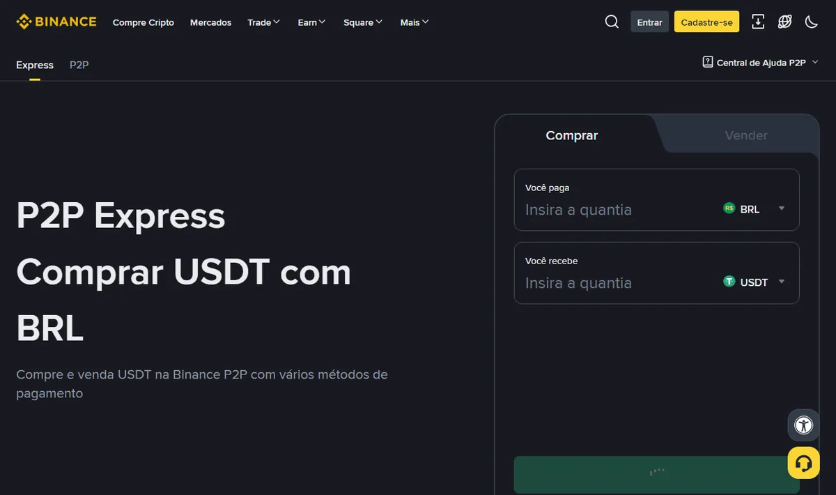 Tela do P2P Express da Binance para comprar USDT com BRL, com os campos Você paga e Você recebe e os seletores de BRL e USDT