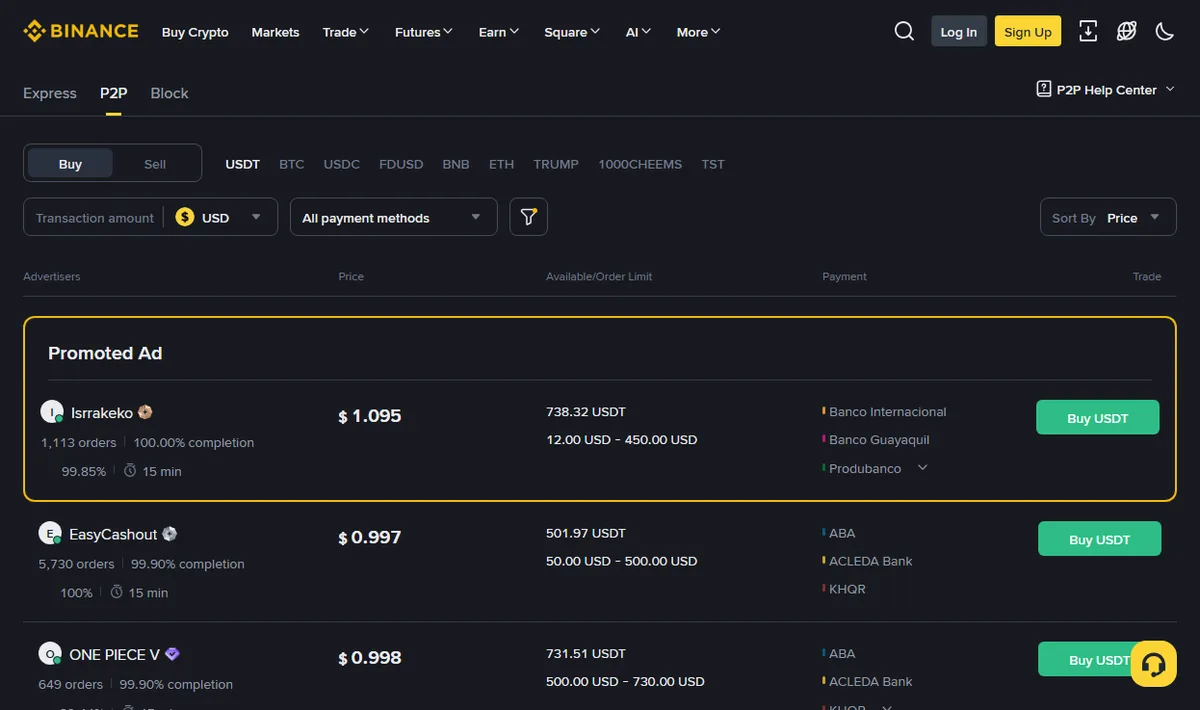 Binance P2P buy listings for USDT: each row shows the advertiser's order count and completion rate, the unit price, the available amount and order limits, and the payment methods accepted