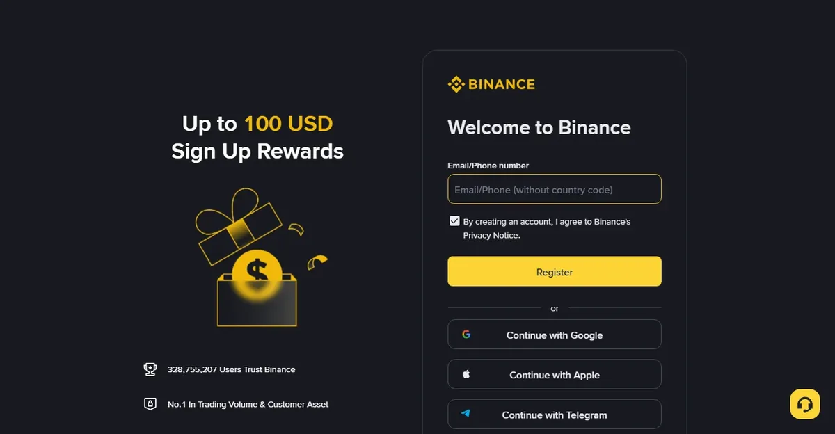 Binance sign-up page in English: a single email or phone field, the Register button, and social sign-in options