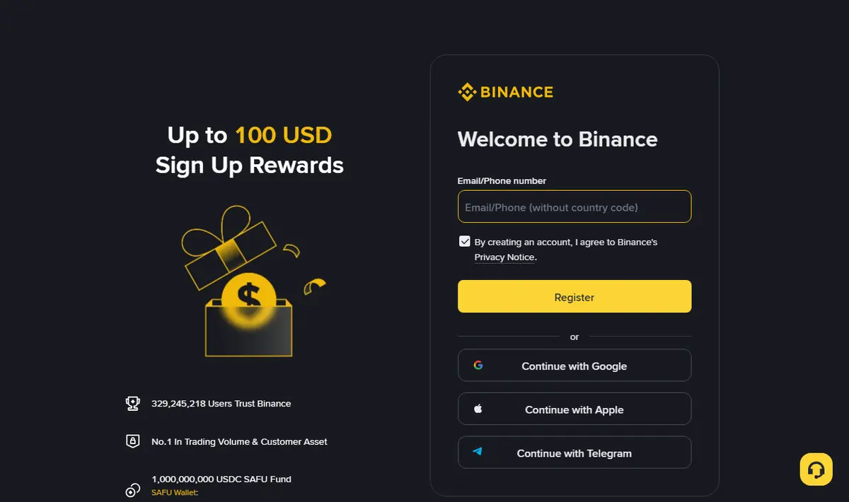 Binance sign-up page in English: a single email or phone field, the Register button, and social sign-in options