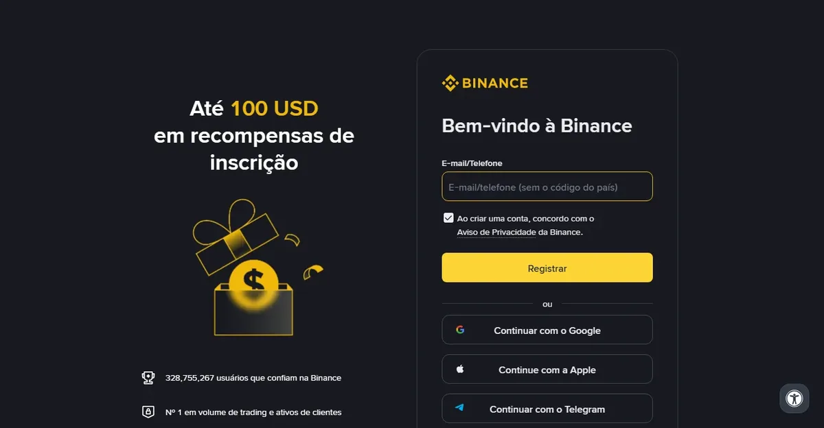 Página de cadastro da Binance em português: um campo de e-mail ou telefone, o botão Registrar e as opções de login social