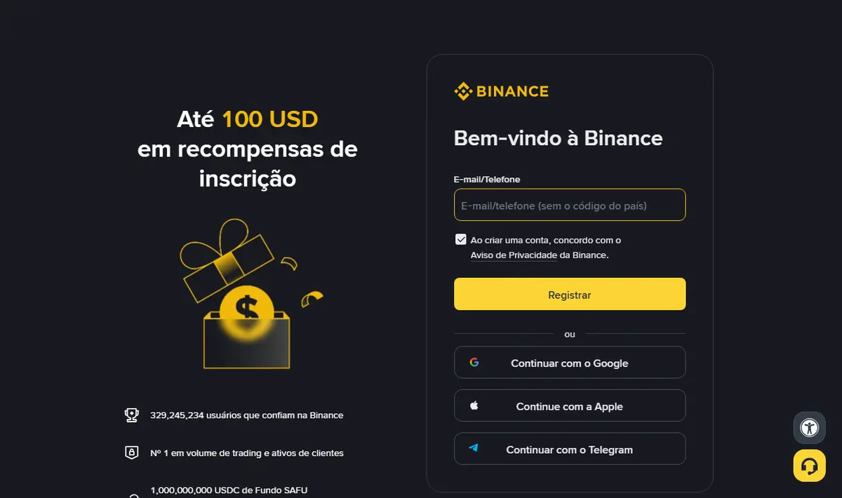 Página de cadastro da Binance em português: um campo de e-mail ou telefone, o botão Registrar e as opções de login social
