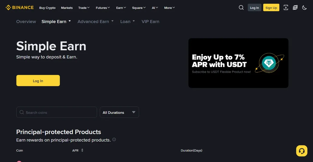 Binance Simple Earn page in English showing the coin search box, the durations filter, and the Principal-protected Products list with Coin, APR and Duration(Days) column headers