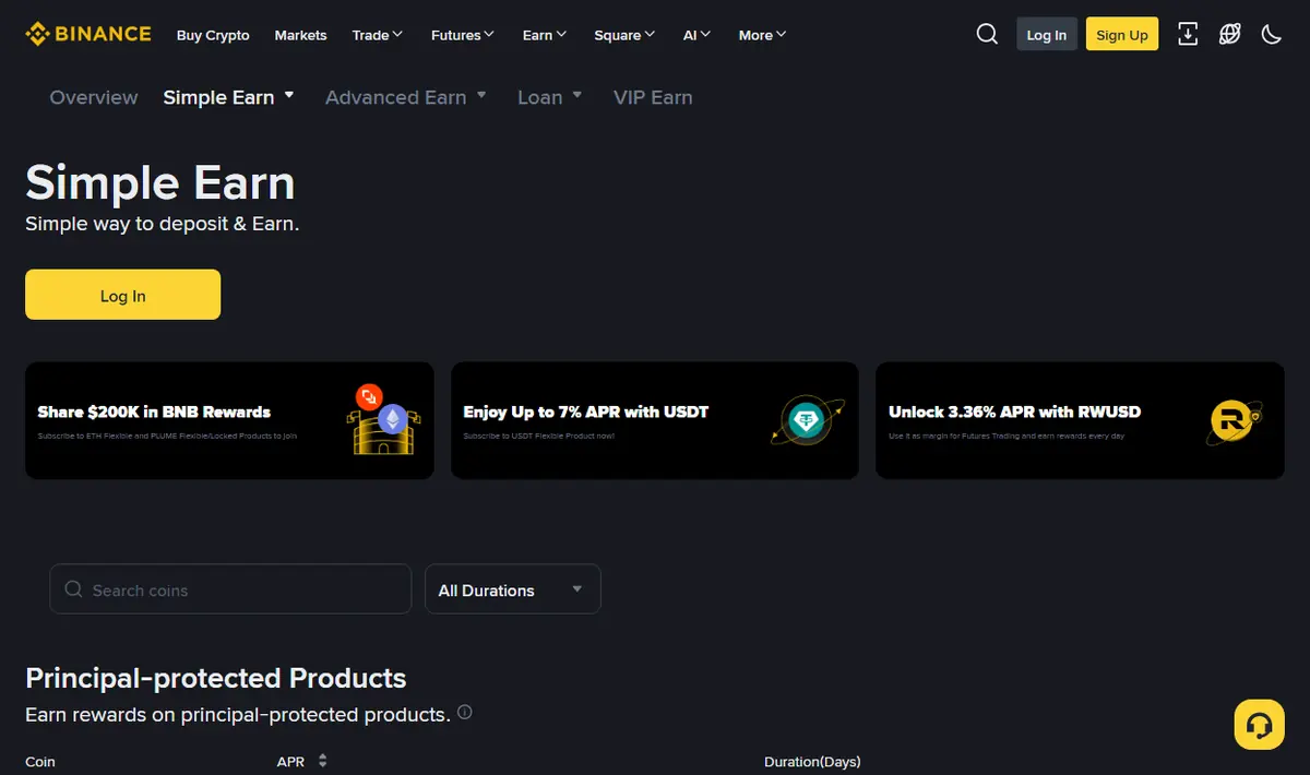 Binance Simple Earn page in English showing the coin search box, the durations filter, and the Principal-protected Products list with Coin, APR and Duration(Days) column headers