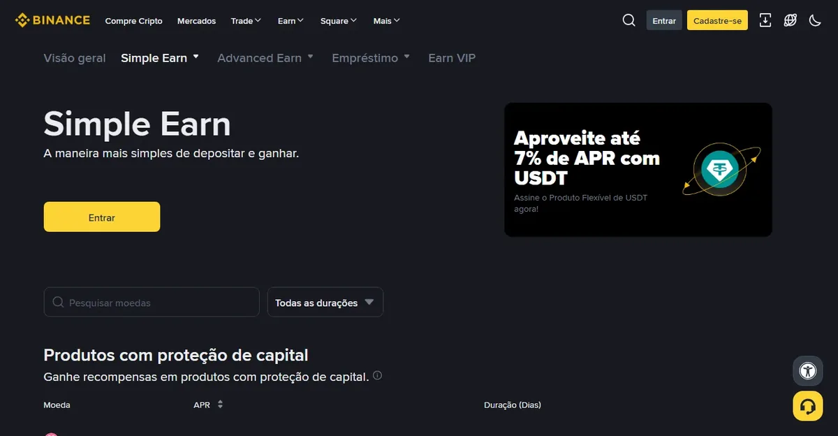 Página Simple Earn da Binance em português mostrando o campo de pesquisa de moedas, o filtro de durações e a lista de Produtos com proteção de capital com os cabeçalhos Moeda, APR e Duração (Dias)