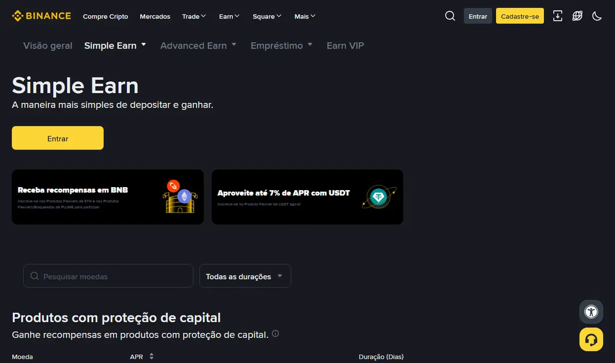 Página Simple Earn da Binance em português mostrando o campo de pesquisa de moedas, o filtro de durações e a lista de Produtos com proteção de capital com os cabeçalhos Moeda, APR e Duração (Dias)
